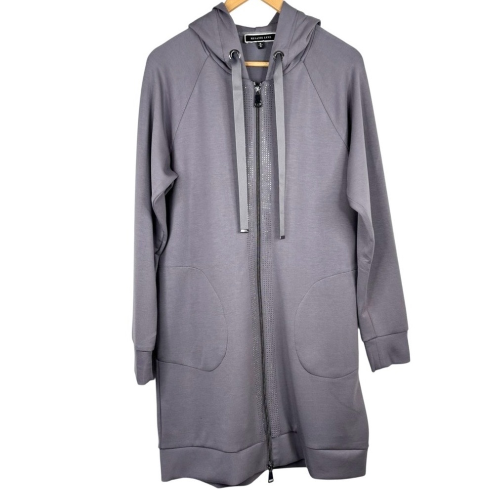 Melanie Lyne Lilac Purple Jewelled 2 Way Zip Long Line Hooded 2 Pocket Sweater M